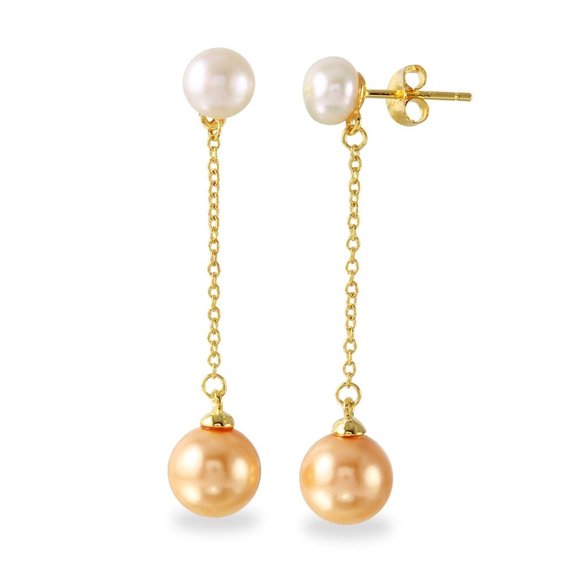 Silver 925 Gold Plated Fresh Water Pearl Dangling Synthetic Pearl Earrings